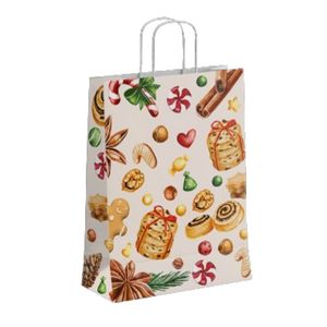 Kerstdraagtas papier 18cm x 8cm x 22cm creme/goud delight wit kraft 90gr / m2