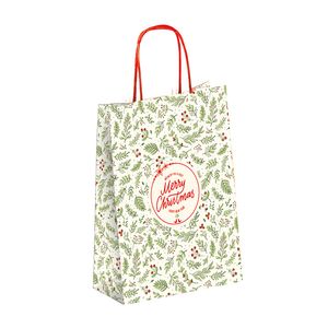 Kerstdraagtas papier 27cm x 11cm x 36cm wit/groen/rood merry christmas gecoat papier 130gr / m2