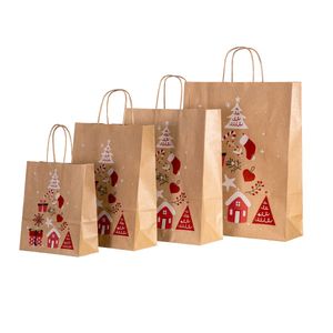 Kerstdraagtas papier 32cm x 12cm x 41cm bruin/rood kerstboom bruin kraft 100gr / m2