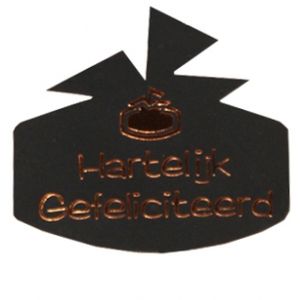 Cadeau etiket cadeau glans zwart opdruk hartelijk gefeliciteerd koper