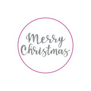 Cadeau etiket rond 32 mm glans wit opdruk merry christmas zilver glitter