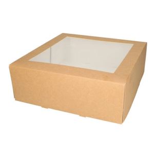Gebaksdoos met venster 26cm x 26cm x 9cm bruin kraft onbedrukt