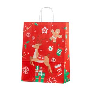 Kerstdraagtas papier 26cm x 12cm x 32cm rood kersthert wit kraft 90gr / m2