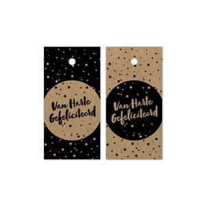 Cadeaulabel karton 8cm x 4cm van harte gefeliciteerd bruin/zwart