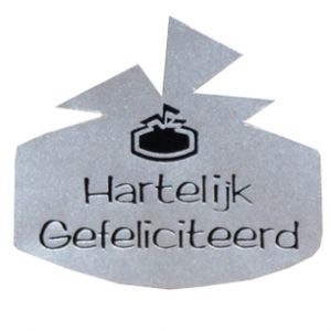 Cadeau etiket cadeau glans zilver opdruk hartelijk gefeliciteerd zwart